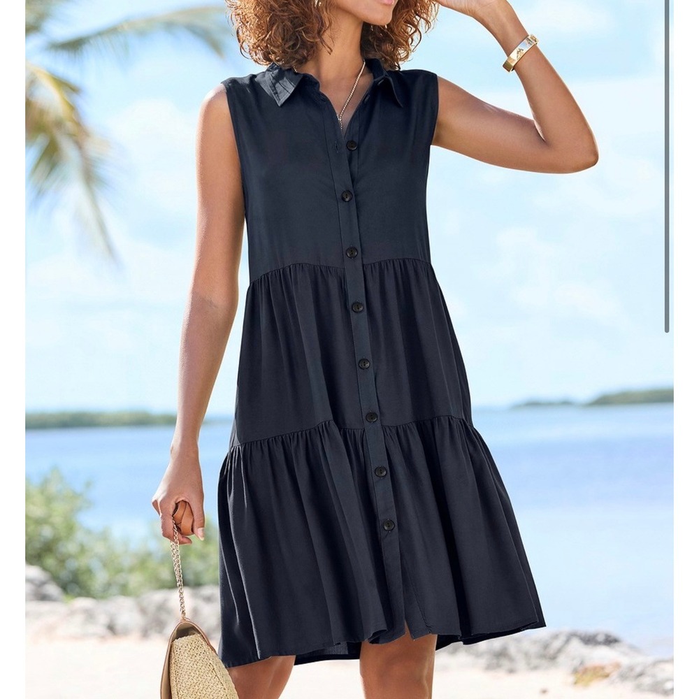 Lascana Womens Navy Tiered Button Front A-Line Shirt Dress 8 New Flowy